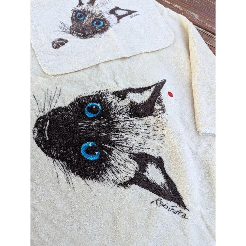Rabindra Siamese Cats Vintage 70s Bath Towel Set Red Dot Sayco USA NEW Unused